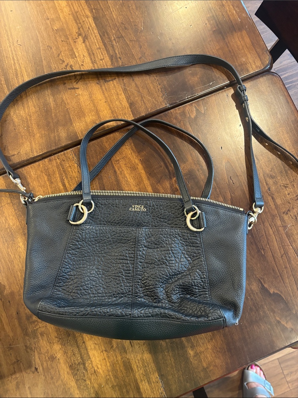 Vince Camuto Raya Black pebbled Leather Shoulder Bag with Gold Hardware